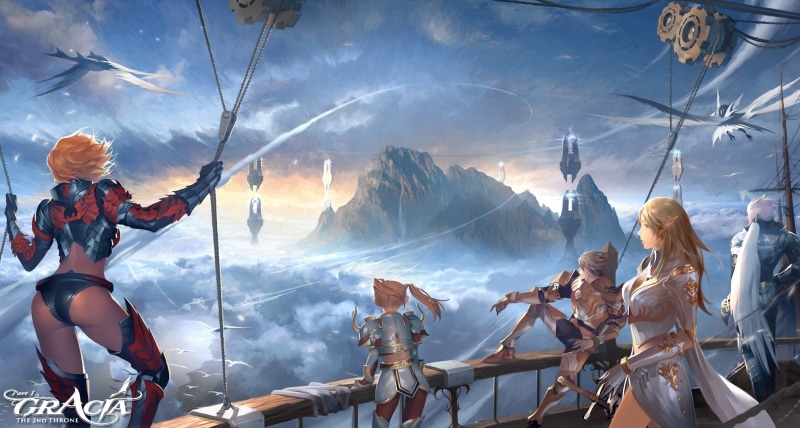 1080P, birds, ship, rocks, characters, lineage 2, flight, mountains, in the sky