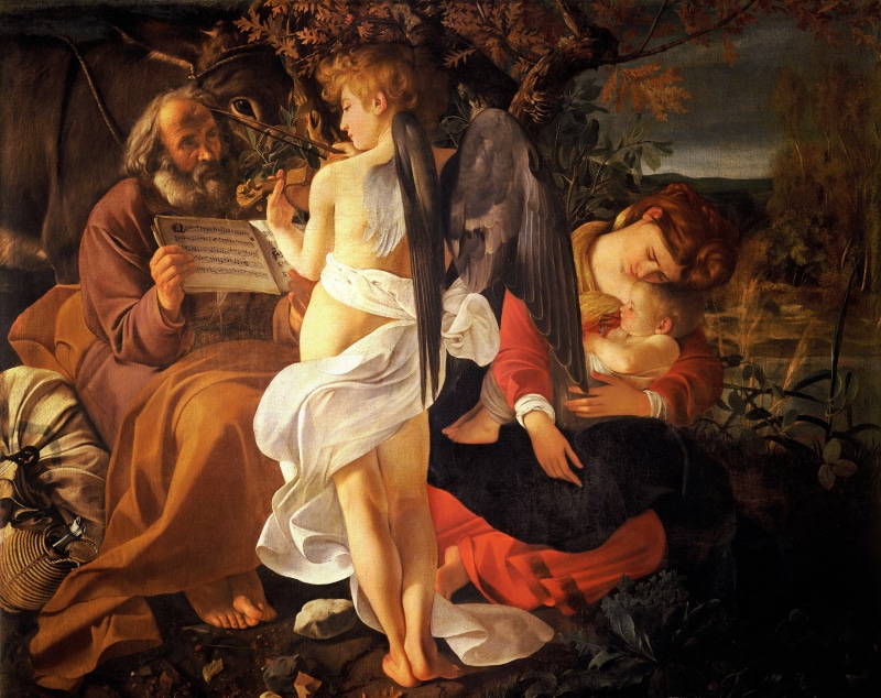 angel, Rest on the flight into Egypt, mythology, Caravaggio, Michelangelo Merisi da Caravaggio, picture, 5K