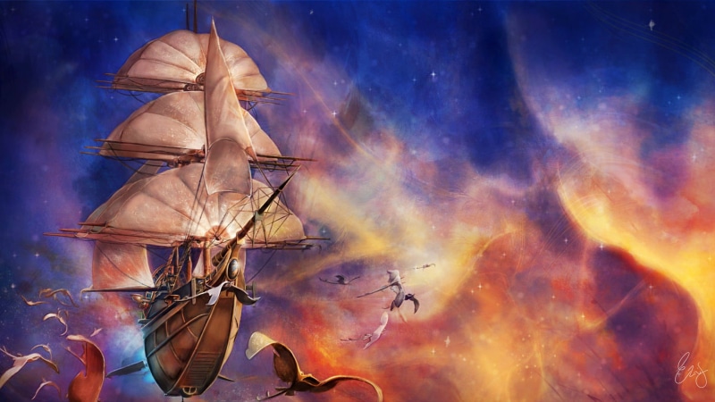 space art, Disney, boat, steampunk, science fiction, flying, steampunk airship, fantasy art, ship, Treasure Planet, 1080P, spaceship, space