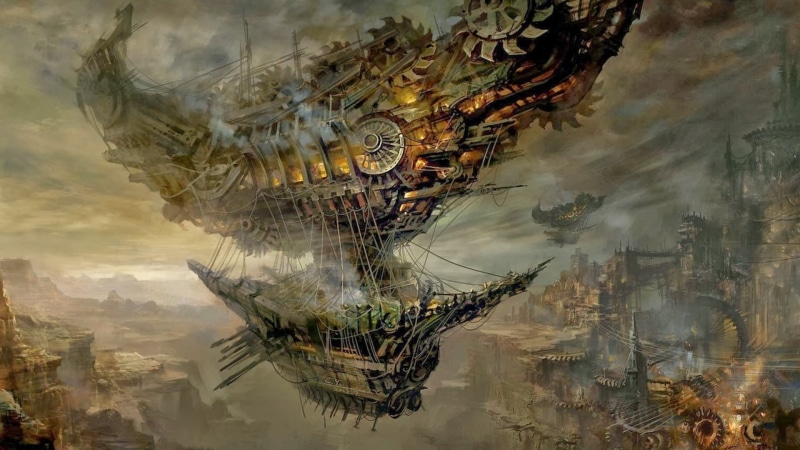 gray, sky, digital composite, cloud - sky, creativity, architecture, animal themes, city, ship, building, outdoors, tree, day, fantasy city, water, nature