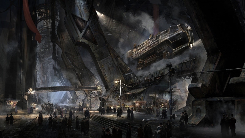 group of people, large group of people, 1080P, walking, fantasy art, built structure, cave, steampunk, travel destinations, lifestyles, day, men, outdoors
