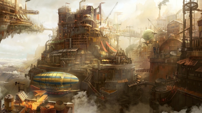 city, building exterior, no people, nature, pc, steampunk, fog, industry, 1080P, nautical vessel, digital art, architecture, religion, digital, digital composite