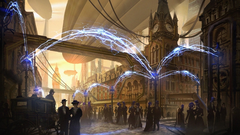 lifestyles, 2K, tower, crowd, men, London, steampunk, city, street, city life, airships, leisure activity, clock, illuminated, illustration, night, women