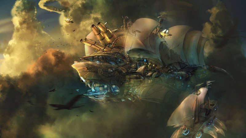 fantasy art, steampunk, day, 1080P, plant, aircraft, focus on foreground, airships, representation, human representation, creativity, nature
