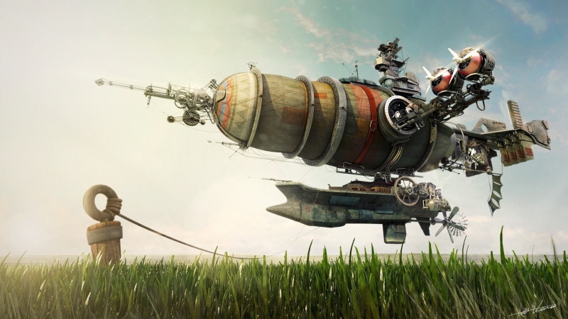 propeller, sky, 1080P, artwork, outdoors, water, digital art, illustration, steampunk airship, land, aircraft, Zeppelin, green color, nature, floating