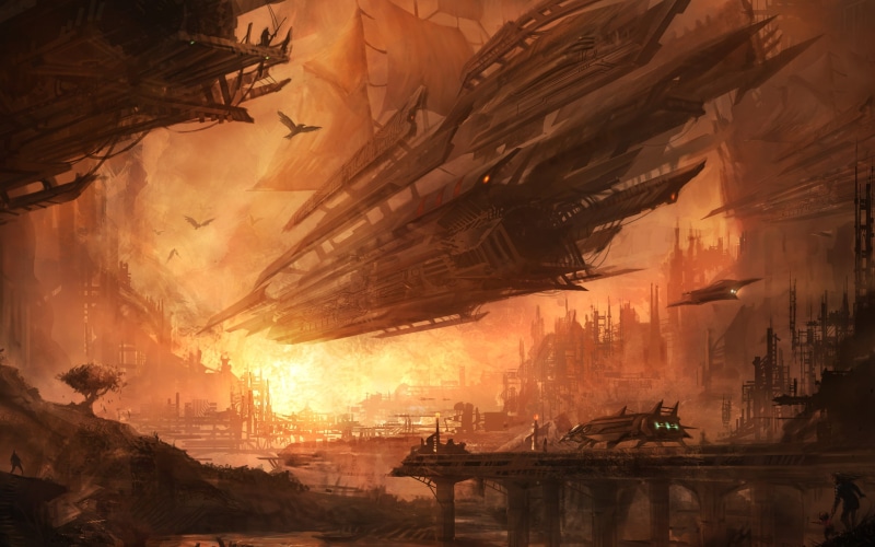 built structure, group of people, futuristic, outdoors, sky, city, nature, construction industry, cyberpunk, 2K, religion, industry, sunset