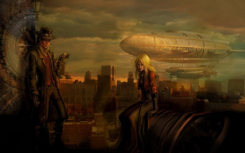 lifestyles, contemplation, cloud - sky, steampunk, reflection, building, adult, digital composite, airships, sky, women, real people, nature, looking at view