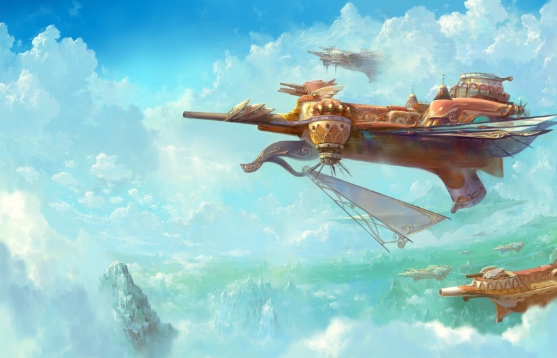 day, digital composite, airships, nautical vessel, sky, low angle view, building exterior, fantasy art, representation, water, transportation, blue, travel destinations
