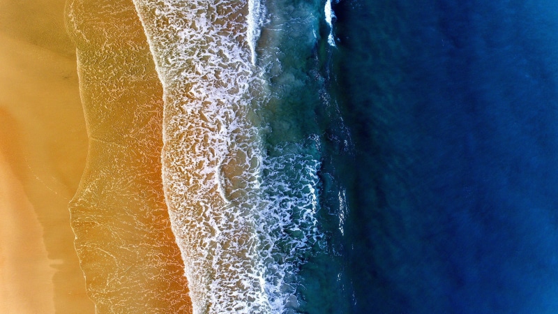 4K, aerial photography, sandy beach, wave, blue sea, water, sea, aerial view, foam