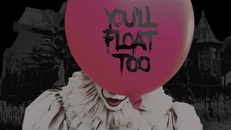 pennywise, text, communication, day, float, ll, real people, non-western script, script, it movie, sign, red, architecture, built structure