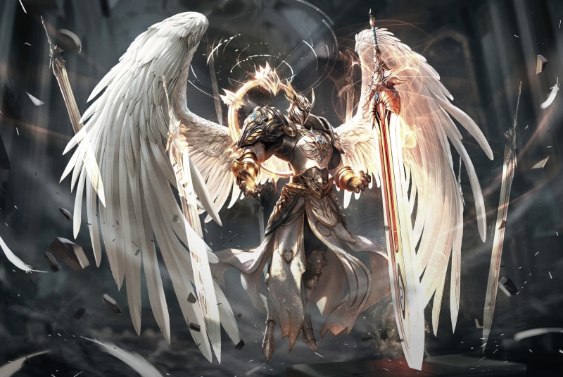 dust, smoke, helmet, 1080P, armor, weapon, drawing, warrior, wings, spell, feathers, angel, floating, wind, sword, blades