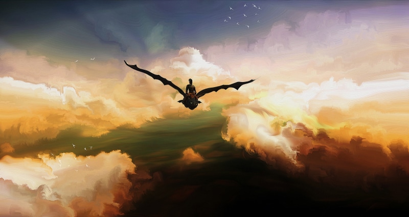 sunset, tranquil scene, dragon, concept art, sky, motion, low angle view, flying, bird, decor, smoke - physical structure, animal, outdoors, cloud - sky