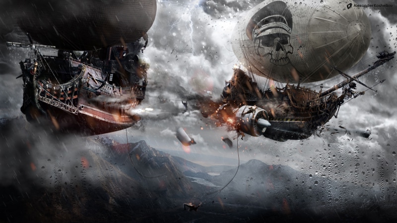 5K, airships, ship, pirates, artwork, steampunk, fantasy art, digital art, sky, Alexander Koshelkov, battle