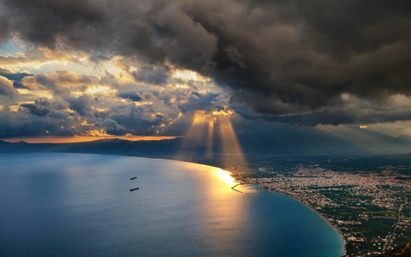 aerial, reflection, scenics - nature, sky, sunbeam, sun rays, landscape, idyllic, overcast, tranquility, clouds, horizon over water, sea, tranquil scene