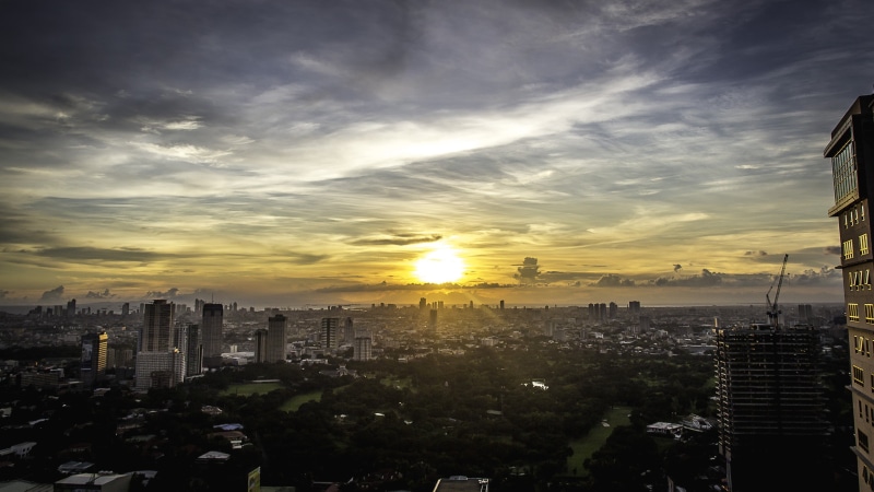 sunset, dusk, cityscape, body, Aerial photography, 2K, near, water, aerial, city, asia, urban Scene, golden hour, hour, Manila, skyscraper, photography