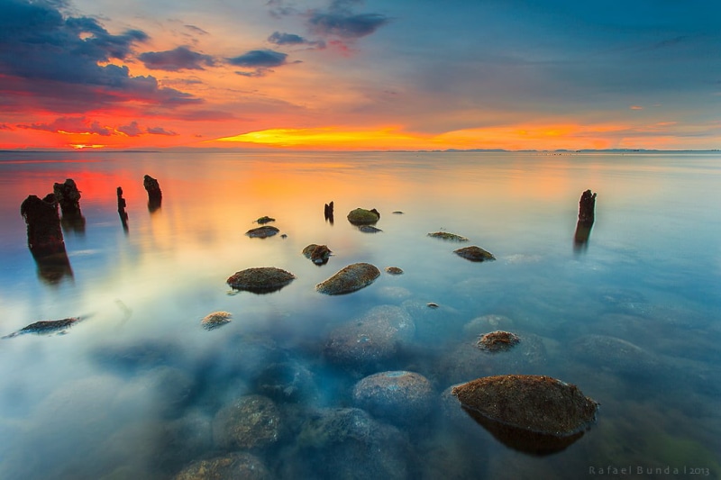 dusk, rock - Object, hour, reflection, sunset, body, rocks, beach, golden, 480P, sunrise - Dawn, photography, sea, landscape, sky, water, nature