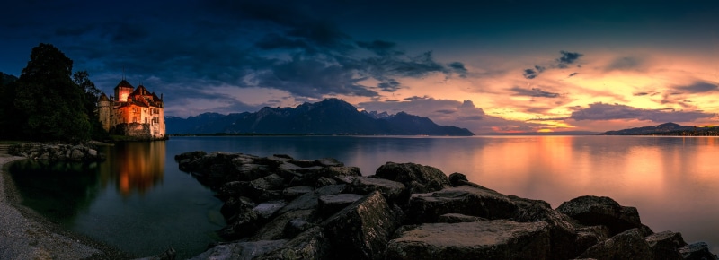 sky, body of water, travel, outdoors, famous Place, lake, Château de Chillon, europe, sunset, body, architecture, water, Night, mountain, Landscape, Wonderful_World