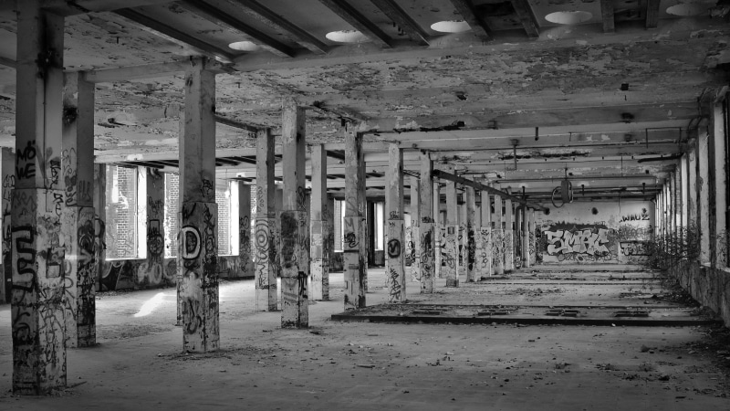 ceiling, obsolete, weathered, underneath, factory building, dirty, black white, deterioration, building, ruined, messy, damaged, built Structure, spooky