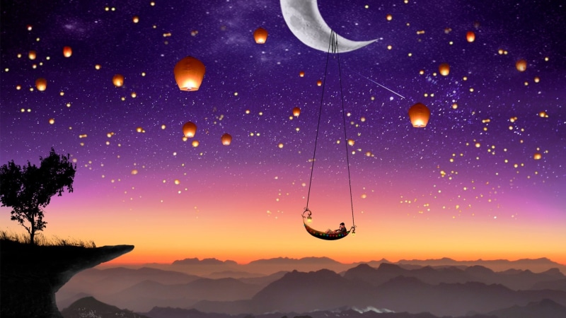 1080P, artwork, lanterns, crescent, sky lantern, fairy tale, moon, dream, chinese lantern, good night, art, sky, wish lantern, kongming lantern, wish lanterns