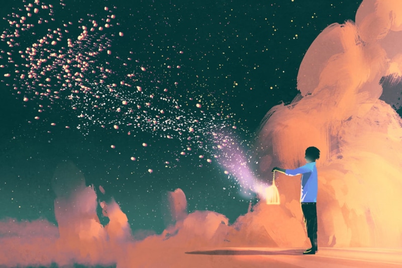 720P, night sky, clothing, nature, anime, males, digital, exploding, full length, real people, sky, lantern, smoke - physical structure, clouds, holding