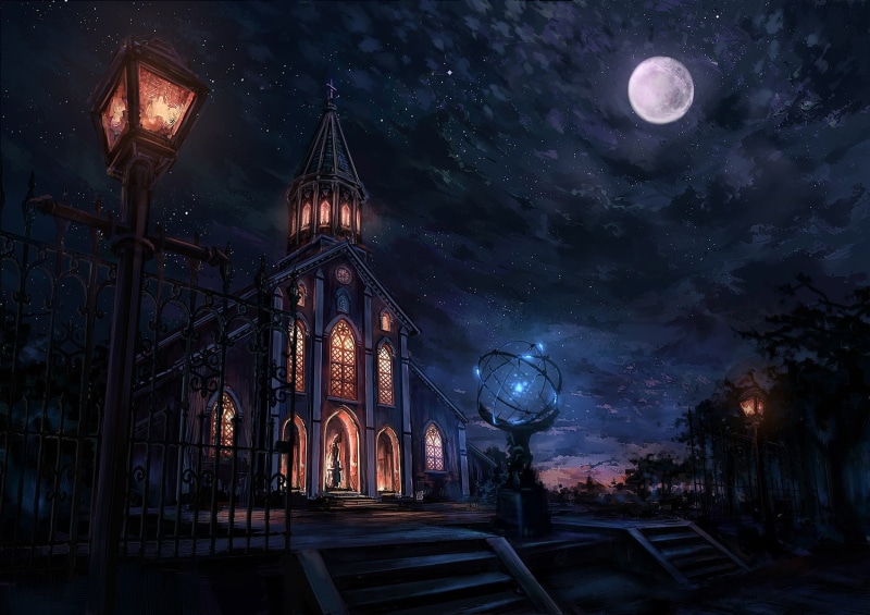planetary moon, no people, low angle view, street light, illuminated, astronomy, nature, railing, night, church, built structure, cloud - sky, lantern