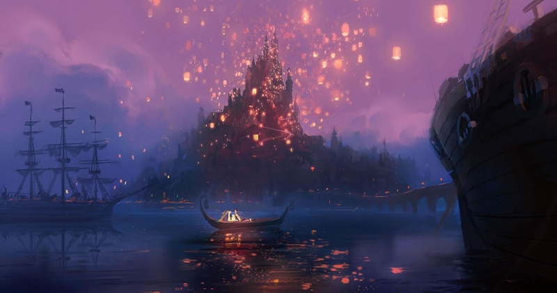 ship, boat, artwork, Disney, Tangled, sky lanterns, 720P
