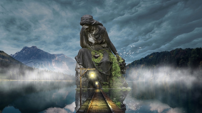 cloudy, adventure, misty, track, lantern, people, rails, cloud, mist, beauty in nature, outdoors, tree, cloud - sky, sky, stone statue, psyche, spirit
