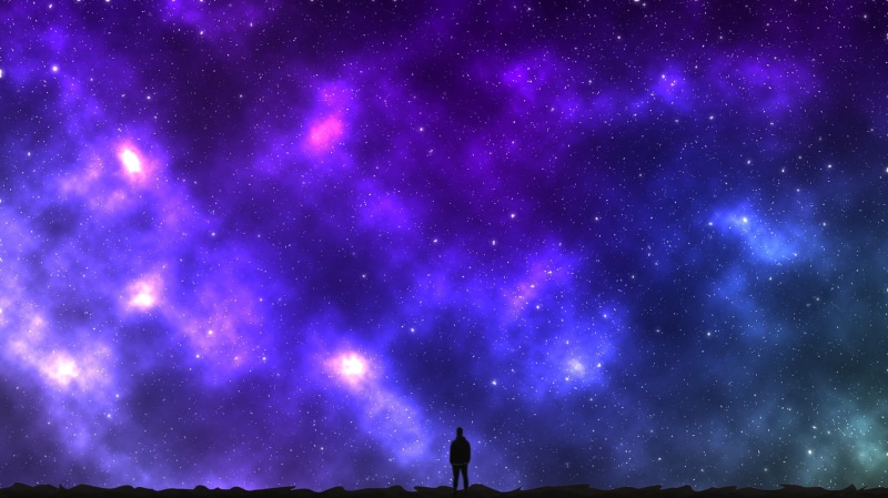 sky lanterns, one person, tranquility, outdoors, space and astronomy, milky way, photo, blue, illuminated, star, sky, space, galaxy, purple, astronomy