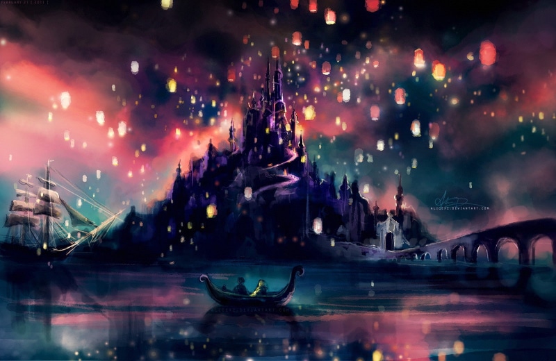 boat, Walt Disney, Tangled, sky lanterns, alicexz, castle, 720P