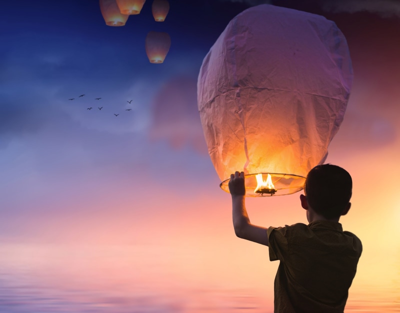 lantern festival, setting sun, orange color, flock of birds, boy, rear view, one person, lampion, greeting card, standing, light, balloon, evening, bird