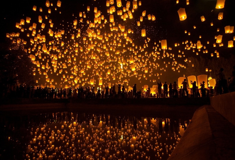 sky lanterns, water, Asian, Lantern Festival, silhouette, reflection, lantern, 1080P