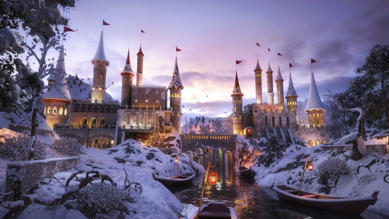 lanterns, winter, towers, artwork, fantasy art, fantasy castle, river, boats, Castle, fantasy, 4K, sky, clouds, snow, trees, digital art