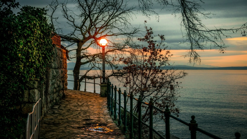autumn, sky, lighting, evening, lantern, opatija, croatia, plant, bay, sunset, dusk, branch, walkway, water, tree, adriatic sea, landscape, 4K