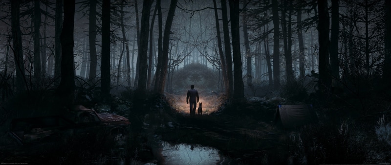 Video Game Art, lake, video games, 5K, dog, dark, digital art, tent, horror, trees, watermarked, ultrawide, Blair Witch, ultra-wide