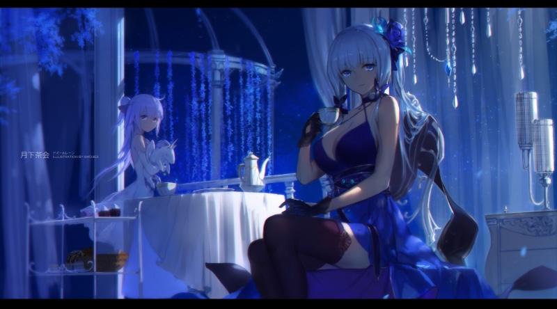 watermark, konachan, com, aqua, azur, 2girls, illustrious, (azur, lane), anthropomorphism, gloves, drink, eyes, elbow, 257107, thighhighs, hair, 4K, long