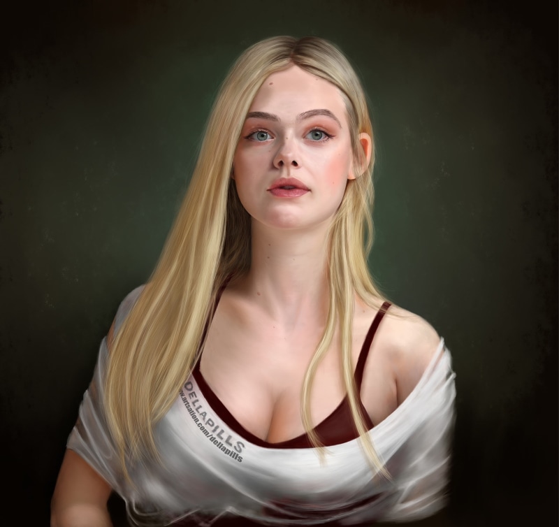 Elle Fanning, DellaPills, painting, 1080P, actress, watermarked, Julio Cesar, blonde