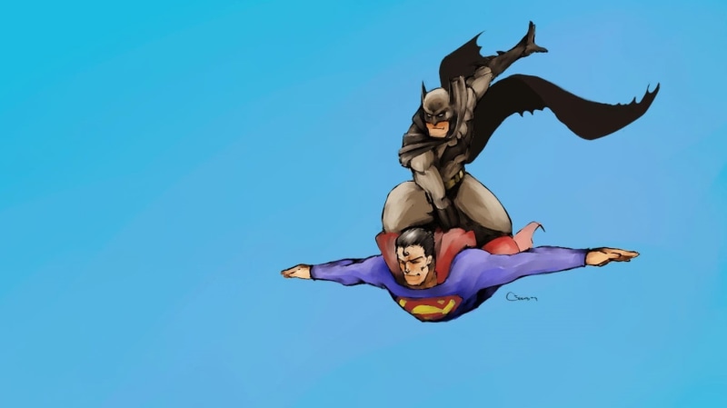 flying, outdoors, clear sky, jumping, comics, freedom, motion, comic art, day, nature, copy space, people, colored background, creativity, low angle view