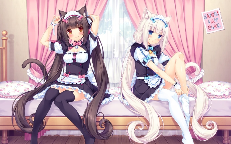 com, watermark, hair, blush, catgirl, tail, 1080P, bed, bell, smile, 2girls, aqua, twintails, maid, konachan, apron, ribbons, eyes, nekopara, sayori, 255863