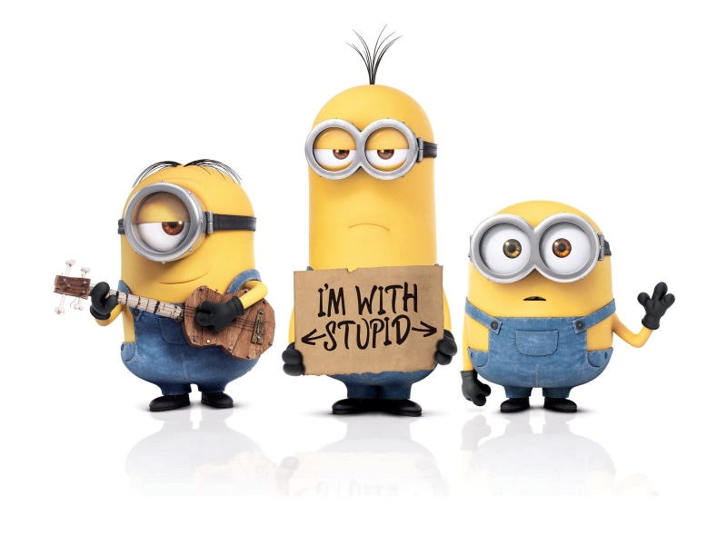 minions, technology, white background, communication, western script, text, happiness, isolated, 720P, illustration, fun, toy, characters, no people, still life