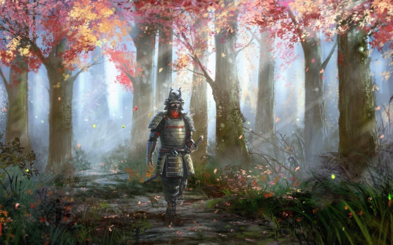 sword, tranquility, nature, trees, land, warrior, outdoors, artwork, armor, fog, adult, day, tree trunk, woodland, trunk, samurai, full length, painting