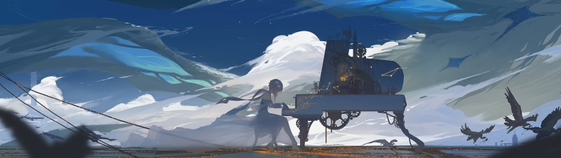 Paimon, dress, Lumine (Genshin Impact), digital art, ultra-wide, piano, video games, 5K, pianists, birds, video game art, architecture, clouds, night