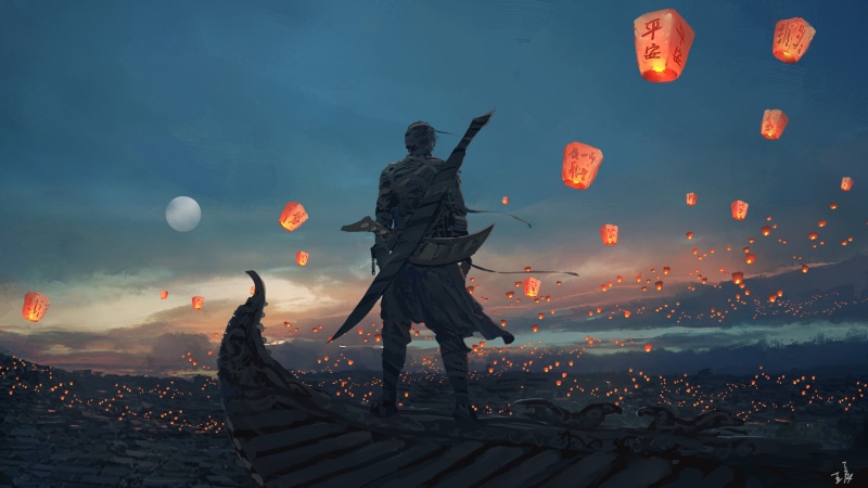 house, artwork, sunrise, lantern, landscape, fantasy art, painting, WLOP, 4K