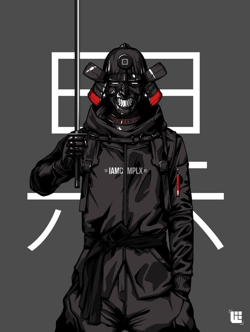 ominous, clothing, robot, sword, 720P, adult, sign, indoors, coats, men, futuristic, cyborg, horror, Bryan Lie, mask, one person, gray background, Masked