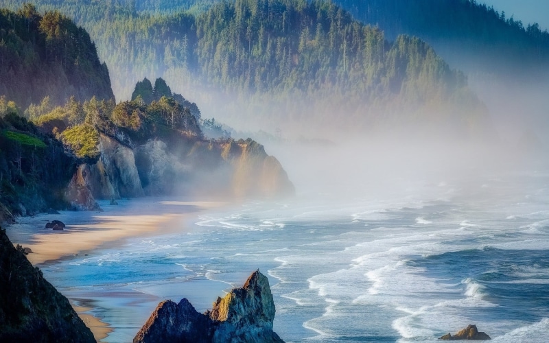 Oregon, forest, tranquility, water, non-urban scene, cliff, flowing, mountains, idyllic, body, motion, near, tranquil scene, 720P, outdoors, flowing water