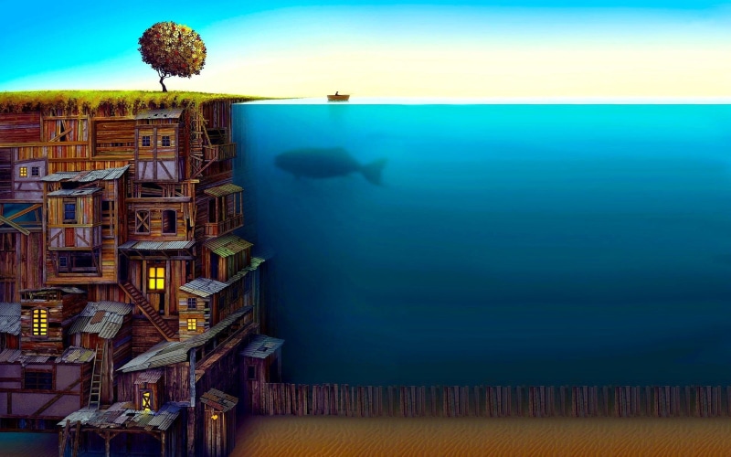 Tree, coastline, houses, fish, blue, travel Destinations, Whale, City, no People, residential Building, nature, night, nautical vessel, water, built Structure