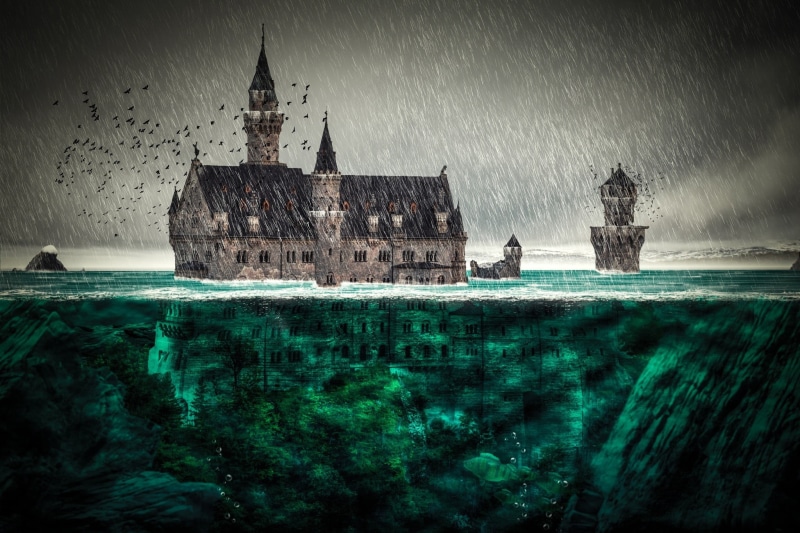 1080P, motion, waterfront, digital art, water, painting, sky, split view, ship, nautical vessel, the past, beach, outdoors, land, tower, sinking, day