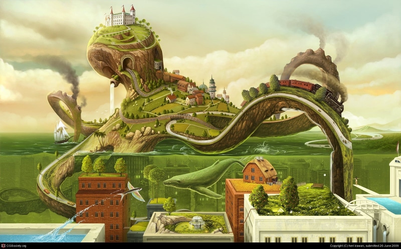 smoke, sunken cities, fish, ship, split view, surreal, whale, octopus, road, castle, fantasy art, drawing, 720P, steam locomotive, artwork