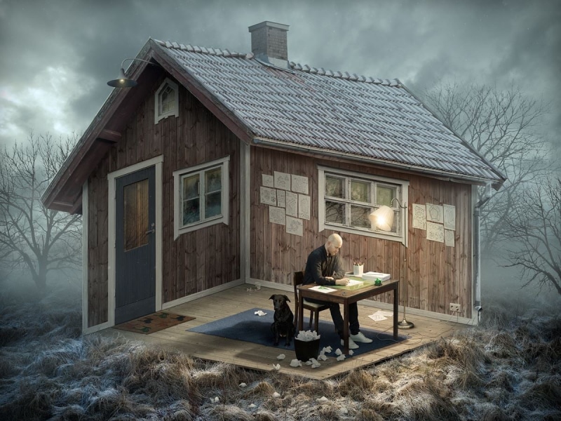 house, building, window, men, grass, building exterior, 480P, photo manipulation, chair, optical illusion, dog, old, trees, outdoors, architecture, brown
