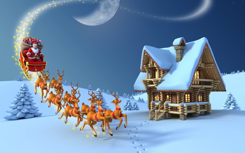santa, Reindeer, Christmas, snow, gifts, moon, 2K, claus, santa claus, christmas tree, New Year, 3d