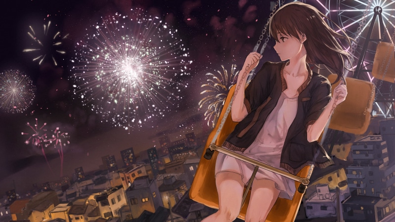 firework display, one person, white dress, holding, illuminated, long exposure, festival, new years eve, musical instrument, women, musician, light, firework - man made object